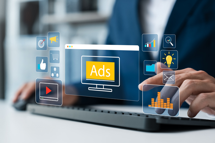 Digital advertising dashboard illustrating online advertising concepts with audience targeting filters, campaign performance charts, pay-per-click metrics, and customer segmentation data used to reach specific target customers.