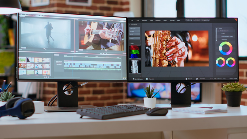 Specialists collaborate at computer workstations, editing video footage on large monitors with professional software in a modern, well-lit workspace.