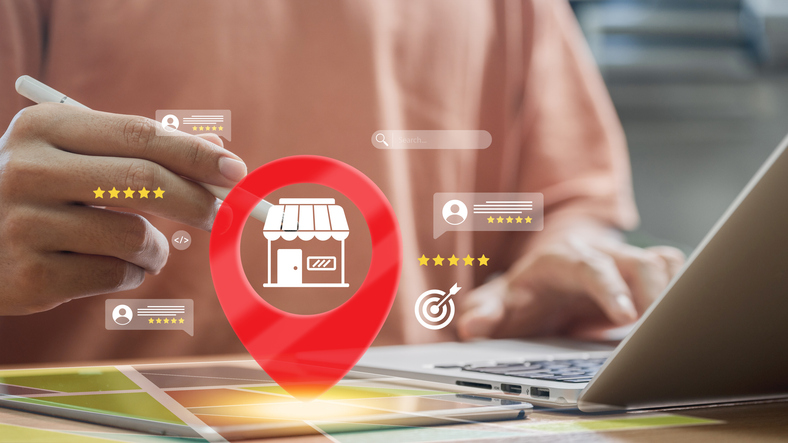 Digital marketing dashboard displaying local SEO performance metrics, customer reviews, search rankings, and growth analytics, representing modern marketplace strategies to improve store performance and strengthen online presence.
