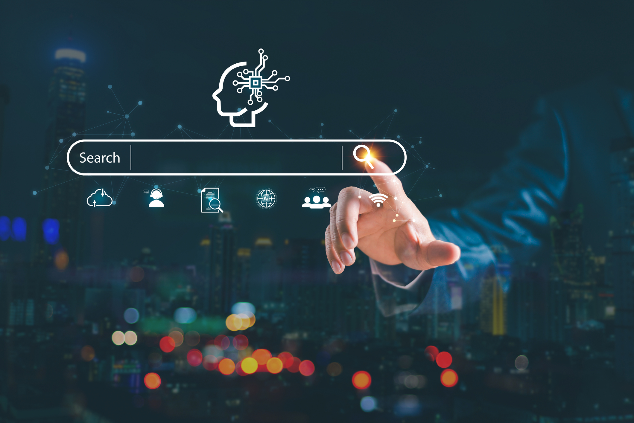 SEO Search Engine Optimization concept. Businessman touch AI, SEO icon on websites to rank search engines or SEO.