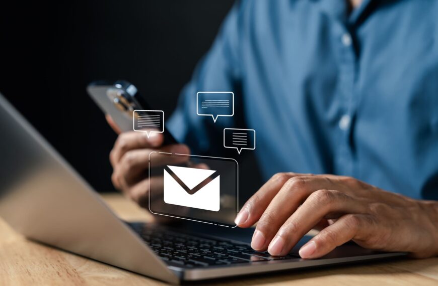 Concept image. Email communication via digital device message sending, chat notifications, and online conversation.